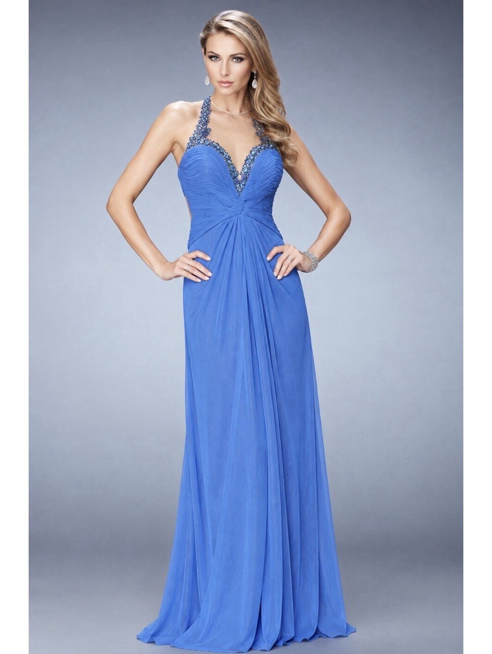 Le Gala Mon Cheri Embellished Blue Ruffled Mesh Halter Neck Evening Gown Dress 6